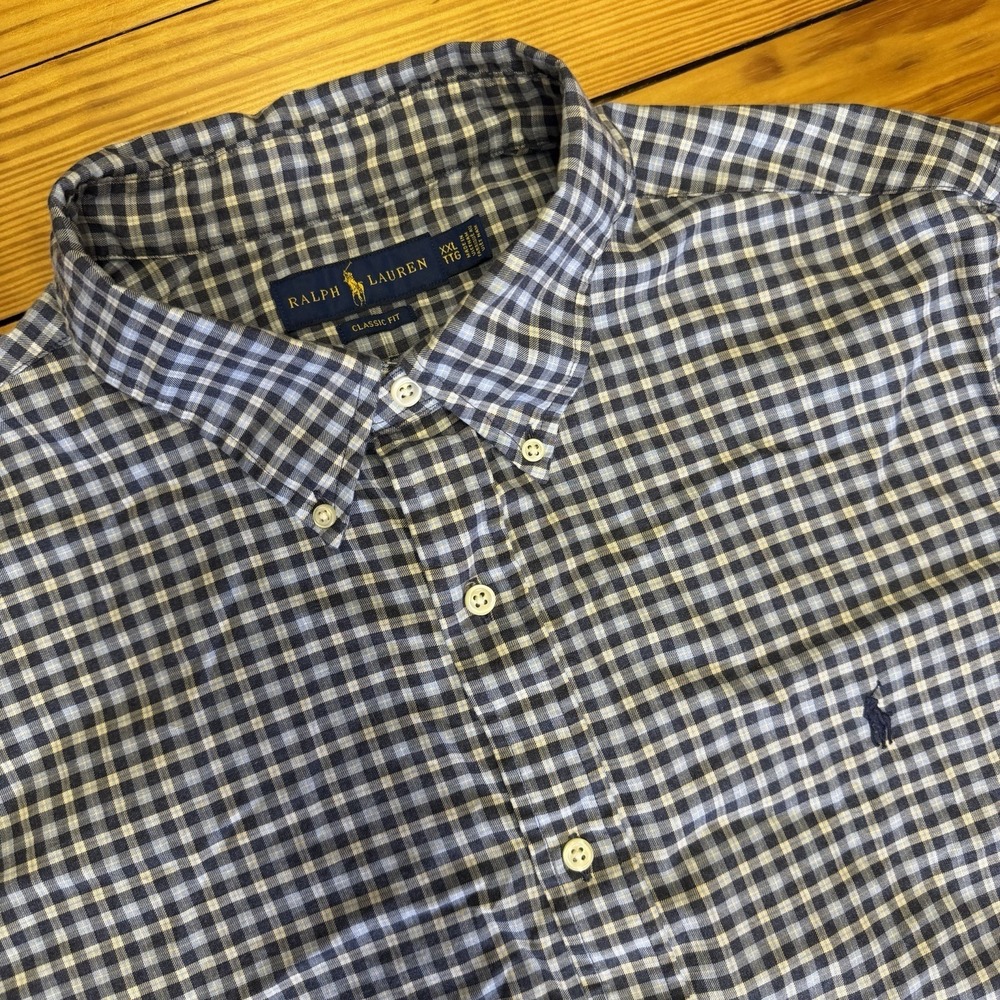RALPH LAUREN Button Down Shirt Men's‎ XXL Blue Plaid LS Classic Fit Blue Pony